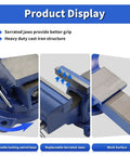 10 Inch Heavy Duty Cast Iron Bench Vise With 360 Degree Swivel Lock Base Chrome Spindle And Nuts Quenched Jaw For Extra Hard Grip Non Slip Textured Jaw Surface Built For Pro Shop Quality Bench Work showing swivel base and serrated jaws