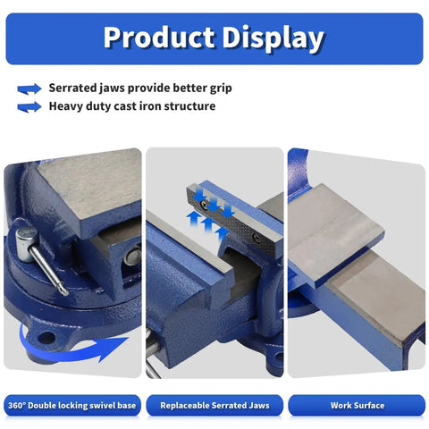 10 Inch Heavy Duty Cast Iron Bench Vise With 360 Degree Swivel Lock Base Chrome Spindle And Nuts Quenched Jaw For Extra Hard Grip Non Slip Textured Jaw Surface Built For Pro Shop Quality Bench Work showing swivel base and serrated jaws