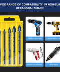 Upgraded serrated masonry drill bit set, 10pcs, blue bits with hex shanks in a yellow plastic case; 6–12 mm sizes.