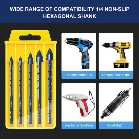 Upgraded serrated masonry drill bit set, 10pcs, blue bits with hex shanks in a yellow plastic case; 6–12 mm sizes.