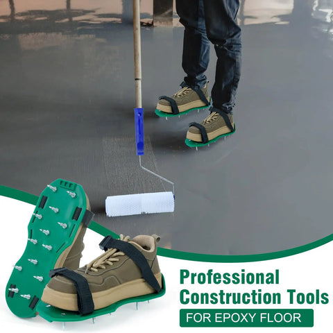 Using 9 Inch Spiked Screed Roller For Epoxy Flooring And Self Leveling Concrete Projects With 13 mm Spike Height Includes Spiked Shoes And Protective Gloves