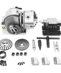 Hardcore Six Inch Three Jaw Chuck Rotary Indexer Platform For CNC Milling Machines Featuring Vertical Horizontal Mounting And Knockout Dead Center Accuracy FC30 Cast Iron Body with various tools and accessories.