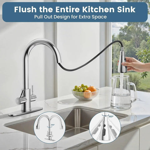 Hurran Kitchen Sink Faucet with Pull Down Sprayer, Brushed Nickel, shown in use pouring water into a pitcher.