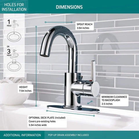 One Hole Single Handle Chrome Bathroom Faucet For Bathroom Sink With Drain Assembly, 4 Inch Deck Plate, Dimensions Shown