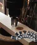 Boss Level 8 Piece Plug Cutter Drill Bit Set Premium Carbon Steel Hole Saw Kit for Precision Woodworking in use on wood.