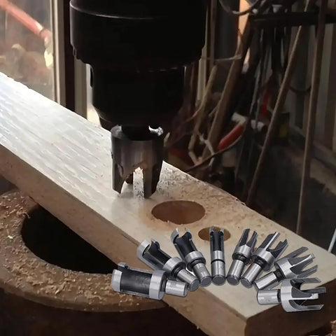 Boss Level 8 Piece Plug Cutter Drill Bit Set Premium Carbon Steel Hole Saw Kit for Precision Woodworking in use on wood.