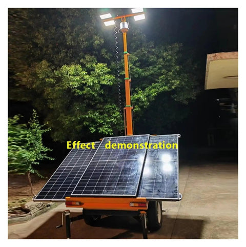 Manual Crank Telescopic Light Pole with solar panel, 3 meter height, demonstrating lighting effect outdoors at night.