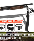 Heavy Duty Shotgun Sling With 15 Round Shellholder For 12 Gauge Adjustable Nylon Strap Mil Spec Swivels And Metal Hooks Studs Included Built For Real World Hunting And Easy Carry On Long Field Trips attached to a shotgun with accessories shown
