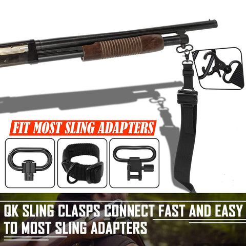 Heavy Duty Shotgun Sling With 15 Round Shellholder For 12 Gauge Adjustable Nylon Strap Mil Spec Swivels And Metal Hooks Studs Included Built For Real World Hunting And Easy Carry On Long Field Trips attached to a shotgun with accessories shown