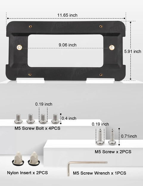 Rear License Plate Frame Bracket Mount For BMW 1 Series 2 3 5 6 X And Mini Cooper 2002 To 2024 Fits 51187160607 511882380615 51188238061 shown with dimensions and screws