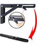 Pro Stainless Steel Folding Shelf Brackets 14 Inch Hella Solid 2 Pack Collapsible Triangle Wall Mount Hardware for DIY folding table and space saving bench rack with latch detail.