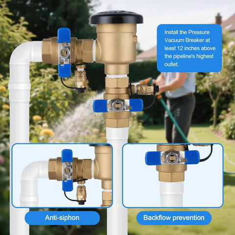Amazon BISS YEE 3/4-inch brass anti-siphon backflow preventer with blue handles for lawn irrigation.