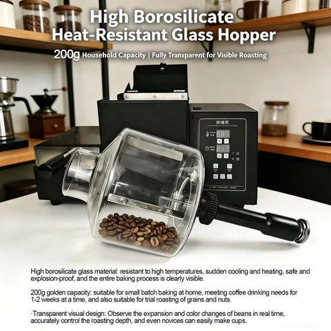 Top Shelf Electric Coffee Bean Roaster With Smooth Drum Rotation And No Sweat Temp Control Featuring Smart Timer And Built In Thermometer To Roast Nuts And Spices For Your Chill Home Brewing Setup with transparent glass hopper.