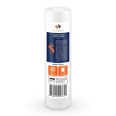 1 Micron Whole House Sediment Filter 10x2.5 Inch Replacement Cartridge for RO And Well Water with packaging label visible.