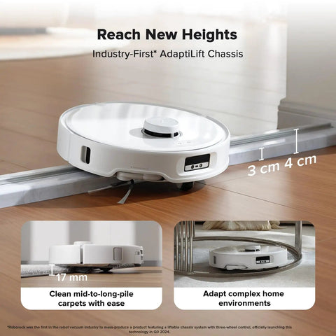 Zero Tangling Brushes Robot Vacuum And Mop with Self Cleaning Dock 18,500 Pa Suction showing AdaptiLift Chassis in action