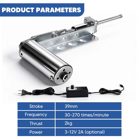 Compact 39mm Stroke Telescopic Linear Actuator With Adjustable Speed DC 3 To 12V shown with specifications and connected components