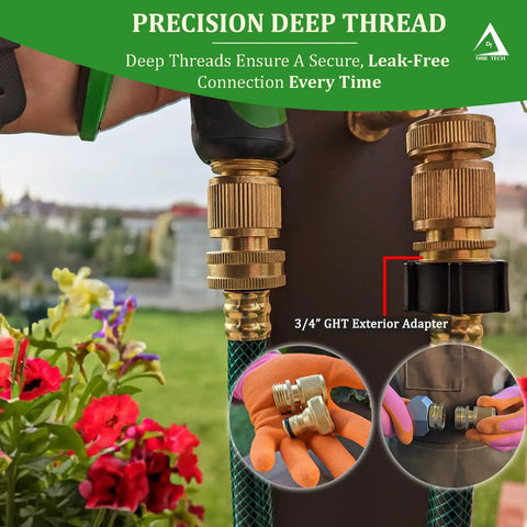 Heavy Duty Brass Hose Quick Connect Fittings 3/4-Inch Garden Hose Quick Disconnect Set connected to hose outdoors