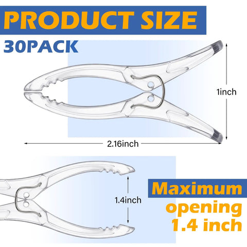 Clear Balloon Arch Clips 30 Pack, 2 Inch Plastic Backdrop Clamps showing size dimensions and maximum opening 1.4 inch