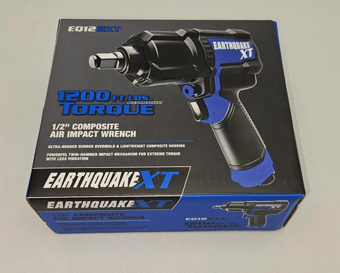 1/2 Inch Blue Composite Air Impact Wrench 1200 Ft Lb Breakaway Torque Twin Hammer Beast Rubberized Grip shown in packaging.