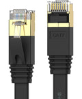 Close-up of Cat 7 Ethernet Cable 25 Ft Ultra Fast 10Gbps Shielded Flat LAN Patch Cord with gold plated contacts, STP copper