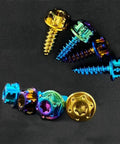 Built Tough Top Tier Titanium Self Tapping Torx Knob Screws M5 X 16mm with a colorful metallic finish for motorcycle use.