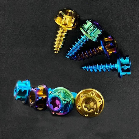 Built Tough Top Tier Titanium Self Tapping Torx Knob Screws M5 X 16mm with a colorful metallic finish for motorcycle use.