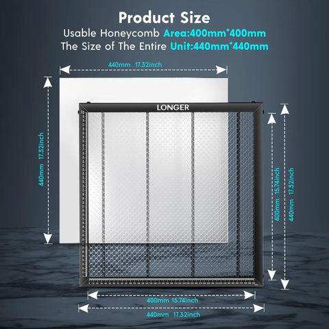 Beast Mode 20W Laser Engraver With Air Pump And 440 Mm By 440 Mm Honeycomb Bed showing product size dimensions.