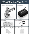 Get Electric Box Cutter At 320Rpm Speed, cordless electric scissors and accessories in storage box, includes three blades and charger.