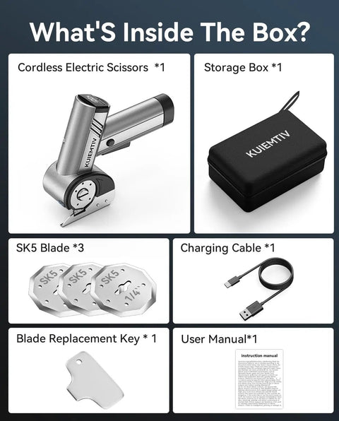 Get Electric Box Cutter At 320Rpm Speed, cordless electric scissors and accessories in storage box, includes three blades and charger.