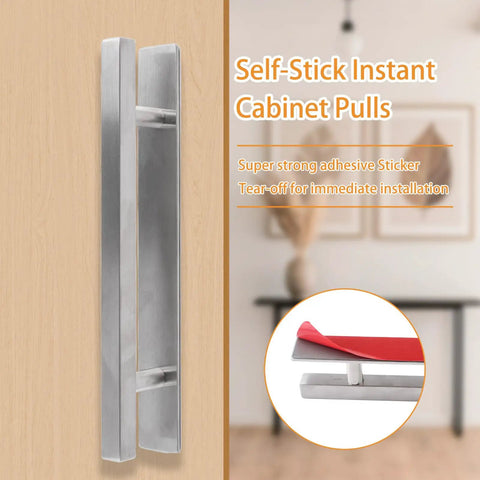 Stick On Adhesive Handles 2 Pack 200mm Stainless Steel Push Pull Cabinet Doors Wardrobe Barn Door Multipurpose Peel And Stick Easy Install For Kitchen Closet And Furniture Silver on wood cabinet