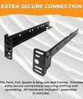 Heavy Duty Adjustable Metal Bed Frame Footboard Extension Brackets Set Of Two showing black steel brackets for secure bed connections.