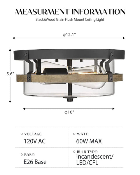 Farmhouse Wooden Flush Mount Ceiling Light With Clear Glass Shade, Rustic Two Light Ceiling Lamp for various spaces, size details