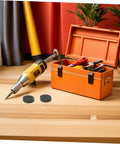 Top Notch 6 Pack Nylon Polishing Wheels With 10mm Hole And 75mm Size For Heavy Duty Metal Surface Finishing Plus Marble Stone Grinding On Bench Grinders To Get That Sweet Sparkle And Smooth Finish Fast on a wooden surface beside a power drill and orange toolbox.