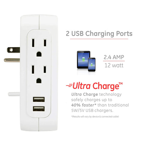 Side view of Five Outlet Extender With USB Ports Twin Pack Surge Protector 560 Joules Side Access Fabric Wall Tap Adapter in white