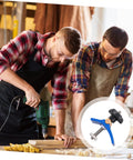 Two woodworkers using a drill press with a close-up of a Woodworking T Track Hold Down Clamp With Quick Act Pressure Plate for jigs.