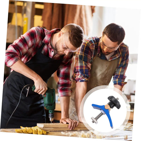 Two woodworkers using a drill press with a close-up of a Woodworking T Track Hold Down Clamp With Quick Act Pressure Plate for jigs.