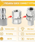 Two stainless steel pressure washer quick-connect fittings (1/4 and 3/8 sizes) with male plug and female NPT.