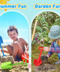 Boy playing with blue shovel on beach, adult using red shovel in garden, 16 Inch Jumbo Beach Sand Shovel Set For Kids And Adults