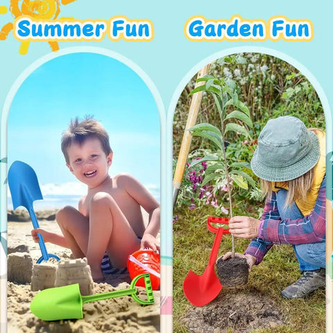 Boy playing with blue shovel on beach, adult using red shovel in garden, 16 Inch Jumbo Beach Sand Shovel Set For Kids And Adults