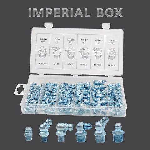 110 Piece Grease Nipple Set SAE 1/4 and PTF 1/8 Inch Straight 45 Degree 90 Degree Bent Hydraulic Zerk Fittings