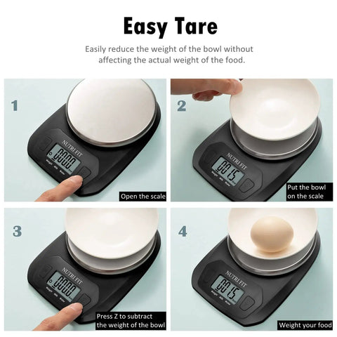 Easy tare function on Awesome Compact Digital Food Scale For Cooking And Baking Small Kitchen Scale In Grams And Ounces Stainless Steel Tare Function Backlit LCD Display Space Saving Black
