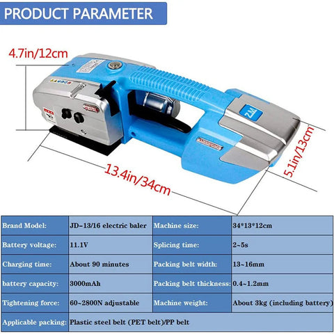 Heavy Duty Electric Welding Strapping Tool And Hot Melt Strapping Machine For 13 Through 16 Mm Pp Pet Straps with dimensions and battery info.