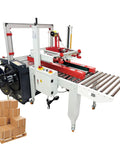 Top Shelf Automatic Carton Sealer And Strapping Machine Combo with roller conveyor, designed for busy warehouses packing boxes.