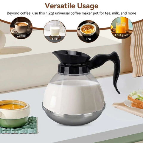 Universal Coffee Pot Replacement Carafe with tight fit spout and black grip on a kitchen counter