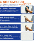 4-step guide for applying Straight Up Clear Waterproof Sealant on surfaces, showing cleaning and brushing techniques.