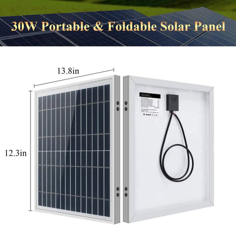 30W portable and foldable solar panel for All In One Indoor Solar Lights Kit With Four LED Bulbs, shown with dimensions.