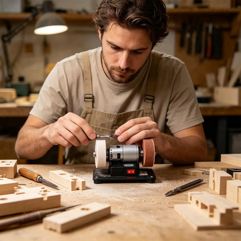 Mini Bench Grinder With Powerful 100 Watt Brushless Motor Delivers Tough As Nails Sharpening For Metal Wood And Diy Crafting Projects in use.