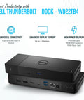 Dell Thunderbolt dock WD22TB4 with 130W power delivery, supports USB-C, four display outputs, shown on white background.