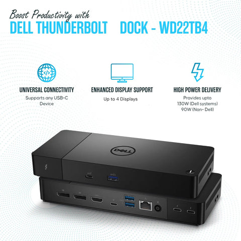 Dell Thunderbolt dock WD22TB4 with 130W power delivery, supports USB-C, four display outputs, shown on white background.