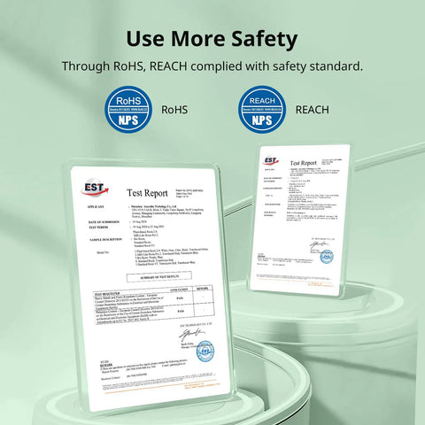 Test report documents demonstrating RoHS and REACH compliance for safety standards.